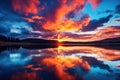 beautiful sunset over the lake, An image of a vibrant sunset over a serene lake, with colorful reflections shimmering on the water