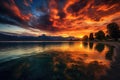 Beautiful sunset over lake Lago di Garda, Italy, Bright sunset over Lake Geneva, Switzerland, with golden clouds reflecting in the Royalty Free Stock Photo