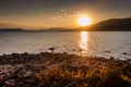 Beautiful sunset over a lake with rocky coast in front and mountains in the background. Lago Maggiore in Italy Royalty Free Stock Photo