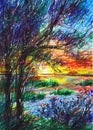 Beautiful sunset over the lake. Romantic landscape. Lake shore. Handwork pattern with colored watercolor pencils. Drawing to print