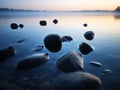 Beautiful sunset over the lake. Stones on the water. Long exposure. Made with Generative AI