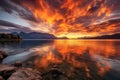 Beautiful sunset over Lake Wakatipu, Queenstown, New Zealand, Bright sunset over lake Geneva, Switzerland, golden clouds reflect Royalty Free Stock Photo