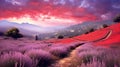 Beautiful sunset over lavender field in Tuscany, Italy Royalty Free Stock Photo