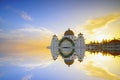 Beautiful sunset over the majestic mosque, Malacca Straits Mosque Masjid Selat Royalty Free Stock Photo