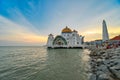 Beautiful sunset over the Malacca Straits Mosque or Masjid Selat Royalty Free Stock Photo