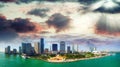 Beautiful sunset over Miami Downtown. Aerial view from helicopter Royalty Free Stock Photo