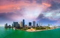 Beautiful sunset over Miami Downtown. Aerial view from helicopter Royalty Free Stock Photo