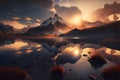 Beautiful sunset over mountain peak, sun reflected in the lake. Spectacular winter landscape Royalty Free Stock Photo