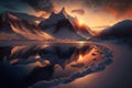 Beautiful sunset over mountain peak, sun reflected in the lake. Spectacular winter landscape