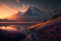 Beautiful sunset over mountains, fantasy landscape with dramatic light Royalty Free Stock Photo