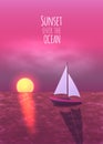 Beautiful sunset over ocean with golden sun and pink sky. Vector illustration. Royalty Free Stock Photo