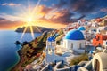 Beautiful sunset over Oia village on Santorini island, Greece, Beautiful view of Churches in Oia village, Santorini island in Royalty Free Stock Photo