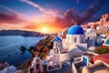 Beautiful sunset over Oia village on Santorini island, Greece, Beautiful view of Churches in Oia village, Santorini island in Royalty Free Stock Photo