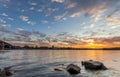 Beautiful sunset over Rhine / Rhein river and old bridge in Main Royalty Free Stock Photo