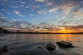 Beautiful sunset over Rhine / Rhein river and old bridge in Main Royalty Free Stock Photo