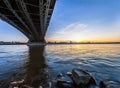 Beautiful sunset over Rhine / Rhein river and old bridge in Main Royalty Free Stock Photo