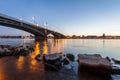 Beautiful sunset over Rhine / Rhein river and old bridge in Main Royalty Free Stock Photo