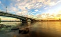 Beautiful sunset over Rhine / Rhein river and old bridge in Main Royalty Free Stock Photo