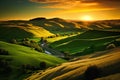 Beautiful sunset over rolling hills in Tuscany, Italy. Royalty Free Stock Photo