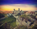 Beautiful sunset over ruins, Poland, vintage retro effect. Royalty Free Stock Photo