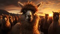 A beautiful sunset over a rural farm with grazing alpacas generated by AI Royalty Free Stock Photo