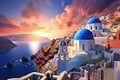 Beautiful sunset over Santorini island, Greece. 3D rendering, Beautiful view of Churches in Oia village, Santorini island in Royalty Free Stock Photo