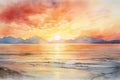 Beautiful sunset over the sea and mountains. Artistic painting. Printable artwork. Generative AI