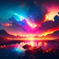 Beautiful sunset over the sea. Panoramic view. 3d render Generative AI Royalty Free Stock Photo