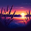 Beautiful Sunset Over The Sea With Reeds. Vector Illustration. AI Generated