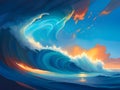beautiful sunset over the sea, tsunami waves, Ai Generated Royalty Free Stock Photo