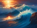 beautiful sunset over the sea, tsunami waves, Ai Generated Royalty Free Stock Photo
