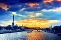 Beautiful sunset over Seine river and Alexandre III bridge. Paris, France Royalty Free Stock Photo