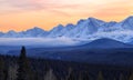 A beautiful sunset over snow covered mountains in Kananaskis in the Canadian Rocky Mountains, Alberta Royalty Free Stock Photo