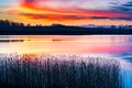 Beautiful sunset over spring lake landscape Royalty Free Stock Photo