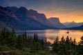 Beautiful sunset over St. Mary Lake and wild goose island in Glacier national park, Montana, USA Royalty Free Stock Photo