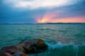 Beautiful sunset over the stormy lake Balaton Royalty Free Stock Photo