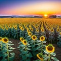 A beautiful sunset over a with the sun casting a warm golden glow on the fields of blooming Royalty Free Stock Photo