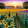 A beautiful sunset over a with the sun casting a warm golden glow on the fields of blooming Royalty Free Stock Photo