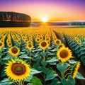 A beautiful sunset over a with the sun casting a warm golden glow on the fields of blooming Royalty Free Stock Photo