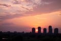 Beautiful sunset over Vacaresti Nature Park area and city skyscrapers