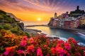 Beautiful sunset over Vernazza village in Cinque Terre, Italy, Vernazza village and stunning sunrise, Cinque Terre, Italy, Europe Royalty Free Stock Photo