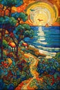 A beautiful sunset painting by the sea