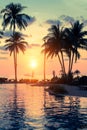 Beautiful sunset with palm trees silhouettes on a tropical beach. Asia. Royalty Free Stock Photo