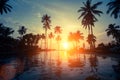 Beautiful sunset among the palms on a tropical beach. Nature.