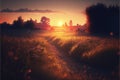 Beautiful sunset in a pretty meadow, strong sunlight colors in nature