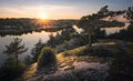 Beautiful sunset rays of sun with clean nordic nature, pine tree on rocks in North Europe, Baltic sea, gulf of Finland Royalty Free Stock Photo