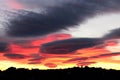 Beautiful sunset with red ribbon clouds like roses. Red-blue sunset over the city with dark clouds. Dark silhouette of the city