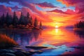 a beautiful sunset with a reflection of the river in the middle of the lake in the forest, An image of a vibrant sunset over a