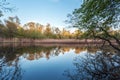 Beautiful sunset on the river in forest with sky reflection Royalty Free Stock Photo