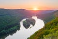 Beautiful sunset on the river. Top view on the islands of Yin-Yan on the Dniester River (Dnestr). National Nature Park Dniester C